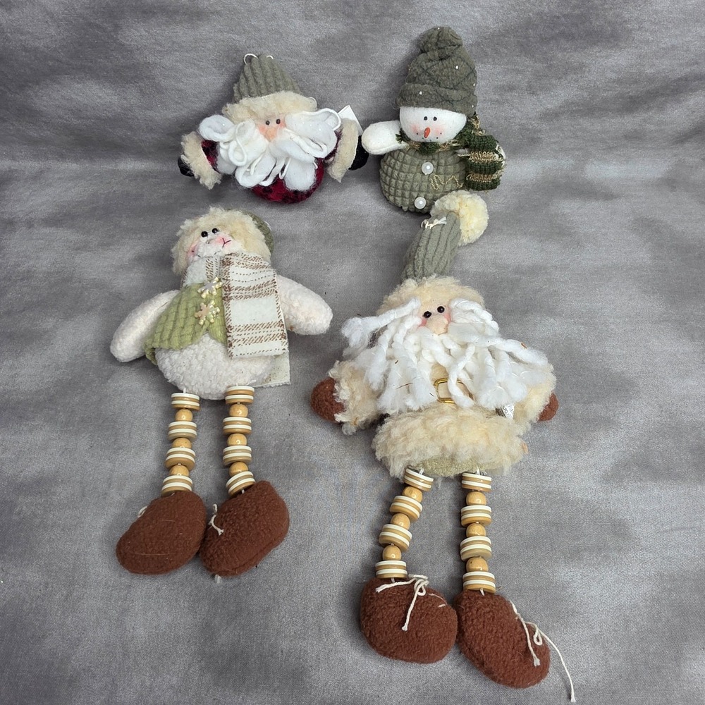 SET of 4 Christmas Oranaments Spool Dolls Bean Bag Plushes Snowman Santa Country